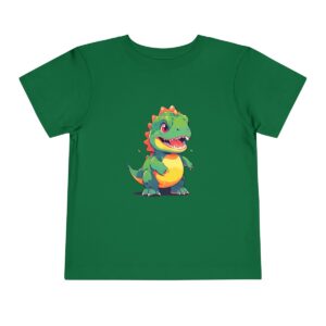 Green toddler short sleeve tee with a colorful baby T-Rex graphic in the center