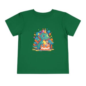 Toddler Short Sleeve Tee with a baby dinosaur and birthday cake design