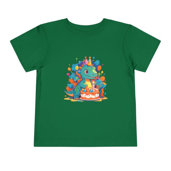 Toddler Short Sleeve Tee with a baby dinosaur and birthday cake design