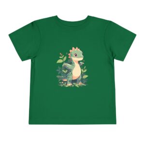 Toddler short sleeve tee with a friendly Brachiosaurus design on a green background