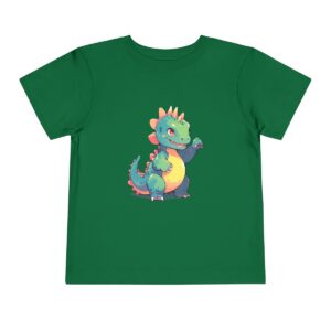 Toddler short sleeve tee with a baby Iguanodon design on a green background