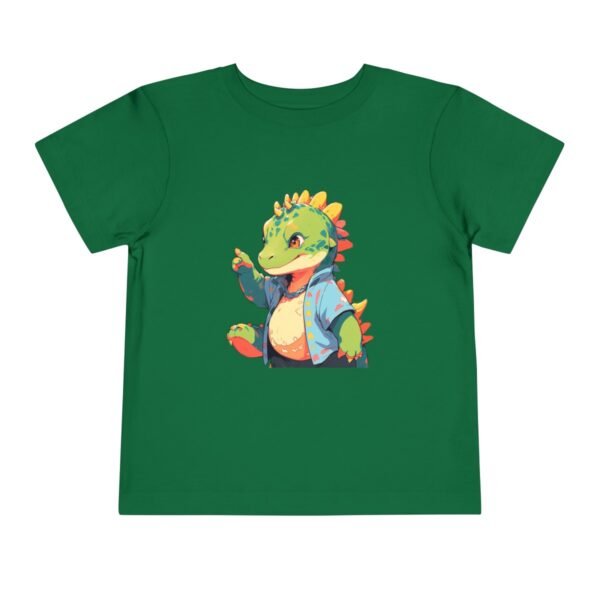 Toddler short sleeve tee with a baby Iguanodon design on a green background