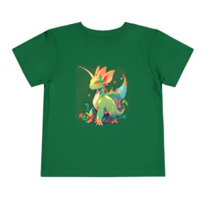 Toddler short sleeve tee with a happy Parasaurolophus design on a green background