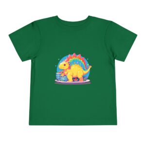 Toddler short sleeve tee with a happy Stegosaurus design on a green background