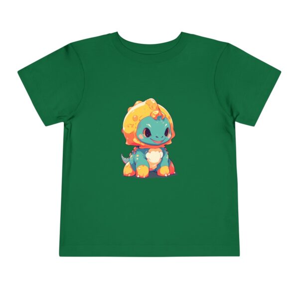 Toddler short sleeve tee with a baby Pachycephalosaurus design on a green background