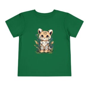 Toddler short sleeve tee with a baby cheetah design on a green background