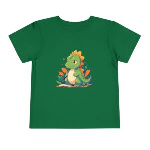 Toddler Short Sleeve Tee with a cute green baby dinosaur and foliage design