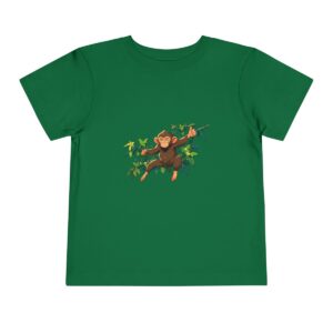 Toddler short sleeve tee with a friendly monkey design on a green background