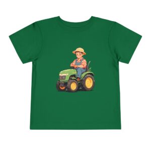 Toddler Short Sleeve Tee with a cute farmer on a green tractor design