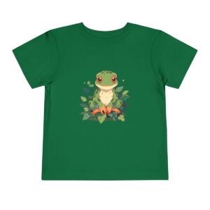 Toddler short sleeve tee with a cute jungle frog design on a green background