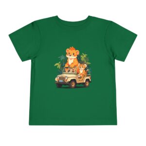 Toddler short sleeve tee with a jungle animals design featuring animals in a jeep on a green background