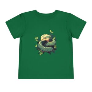 Toddler short sleeve tee with a happy snake design on a green background