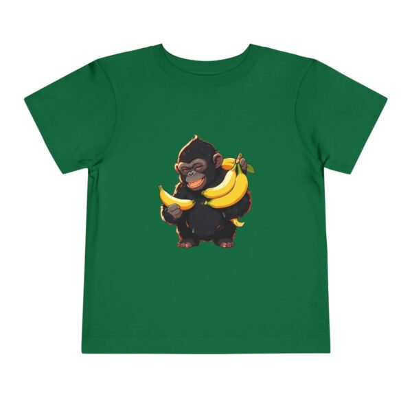 Toddler short sleeve tee with a baby gorilla design featuring a gorilla holding bananas on a green background