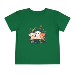 Toddler short sleeve tee with a baby animals design featuring a white animal reading a book with friends on a green background