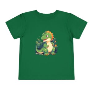 Toddler Short Sleeve Tee with a cute green baby dinosaur surrounded by foliage design