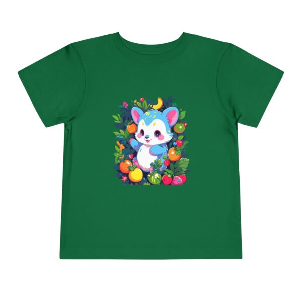 Toddler short sleeve tee with a baby animals design featuring a cute blue and white animal surrounded by colorful fruits and foliage on a green background