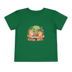 Toddler short sleeve tee with a baby animals design featuring foxes having a picnic on a green background