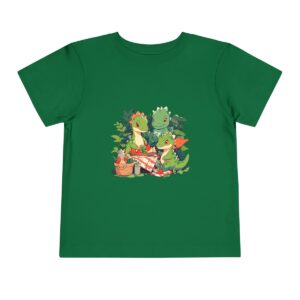 Toddler Short Sleeve Tee with three adorable green dinosaurs and plants design