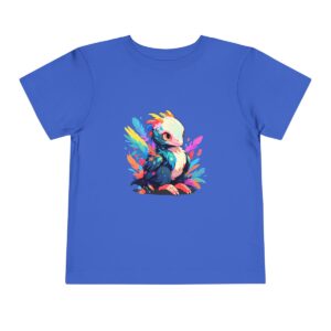 Blue toddler short sleeve tee with a colorful baby Microraptor graphic in the center