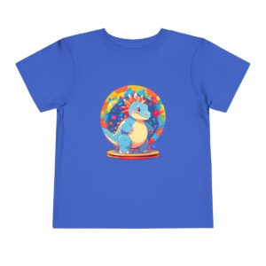 Toddler short sleeve tee with a happy Stegosaurus design on a blue background