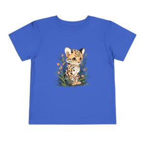 Toddler short sleeve tee with a baby cheetah design on a blue background