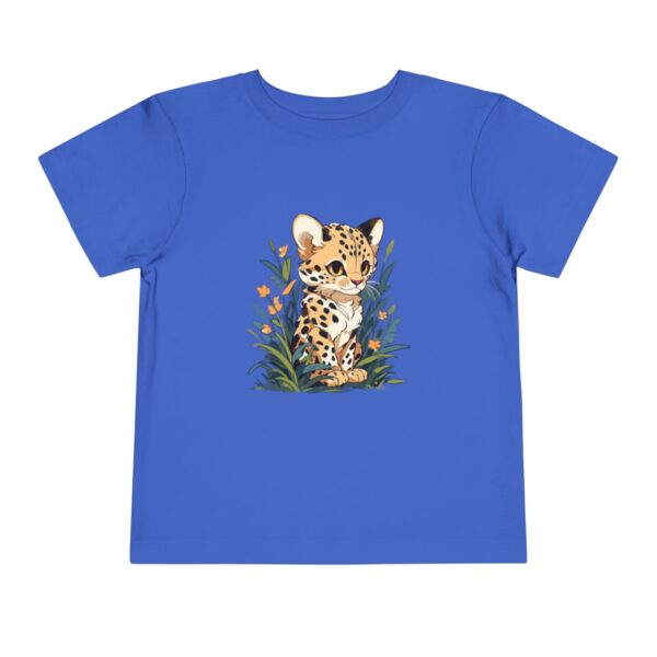 Toddler short sleeve tee with a baby cheetah design on a blue background