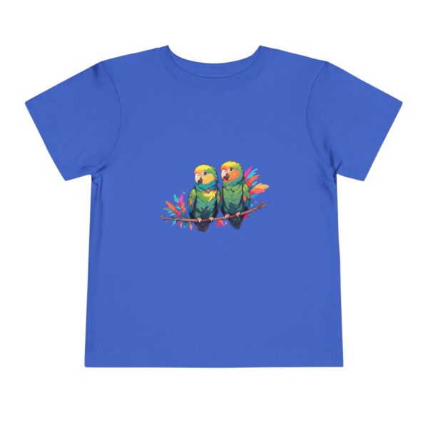 Toddler short sleeve tee with two cheerful parrots design on a blue background