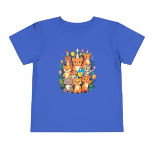 Toddler short sleeve tee with a jungle animals design featuring various animals on a bright blue background