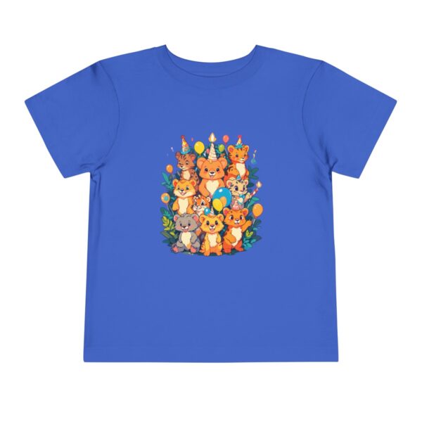 Toddler short sleeve tee with a jungle animals design featuring various animals on a bright blue background