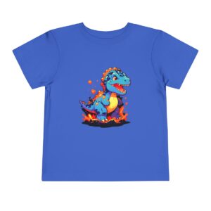 Toddler Short Sleeve Tee with a cute blue baby dinosaur and fiery background design