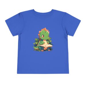 Toddler Short Sleeve Tee with a cute green baby dinosaur reading a book design