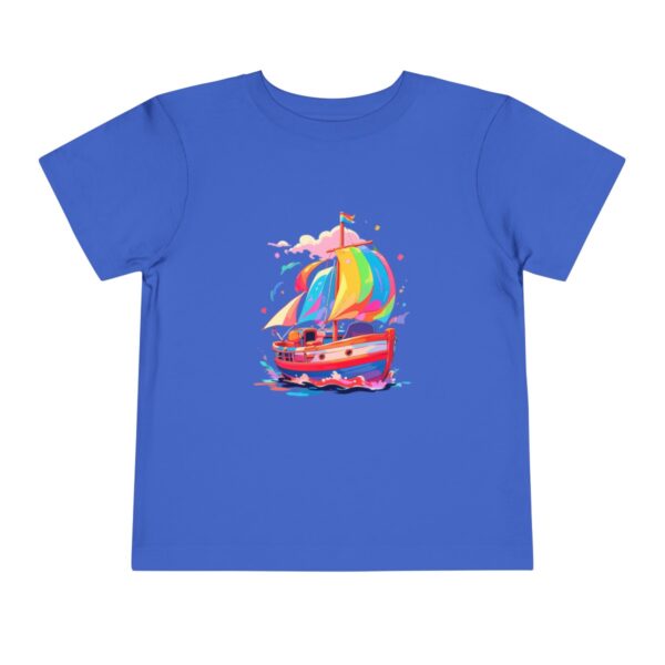 Toddler Short Sleeve Tee with colorful smiling boat and rainbow sail design