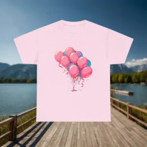 Flat-lay of light pink t-shirt with a print of pink balloons and festive ribbons.