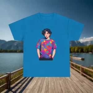 Flat-lay of a blue t-shirt with colorful pop art illustration of a person in a patterned shirt.