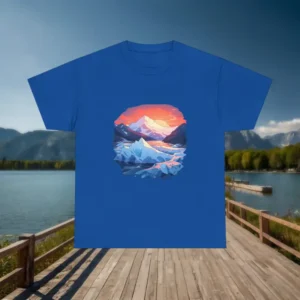 Blue t-shirt with colorful Alaskan glacier and sunset mountain print