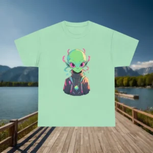 Mint green t-shirt with futuristic alien head graphic on natural background