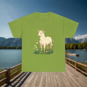 Green t-shirt with alpaca and wildflowers illustration displayed outdoors