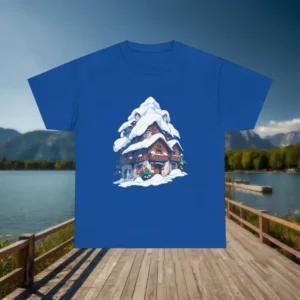 Blue t-shirt with detailed illustration of snow-covered alpine house