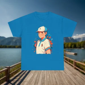 Flatlay of a blue t-shirt featuring an anime polo boy surrounded by flowers.