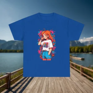 Blue t-shirt with anime girl and graffiti artwork displayed outdoors