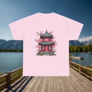 Pink t-shirt featuring a red-roof Asian pagoda temple with cherry blossoms