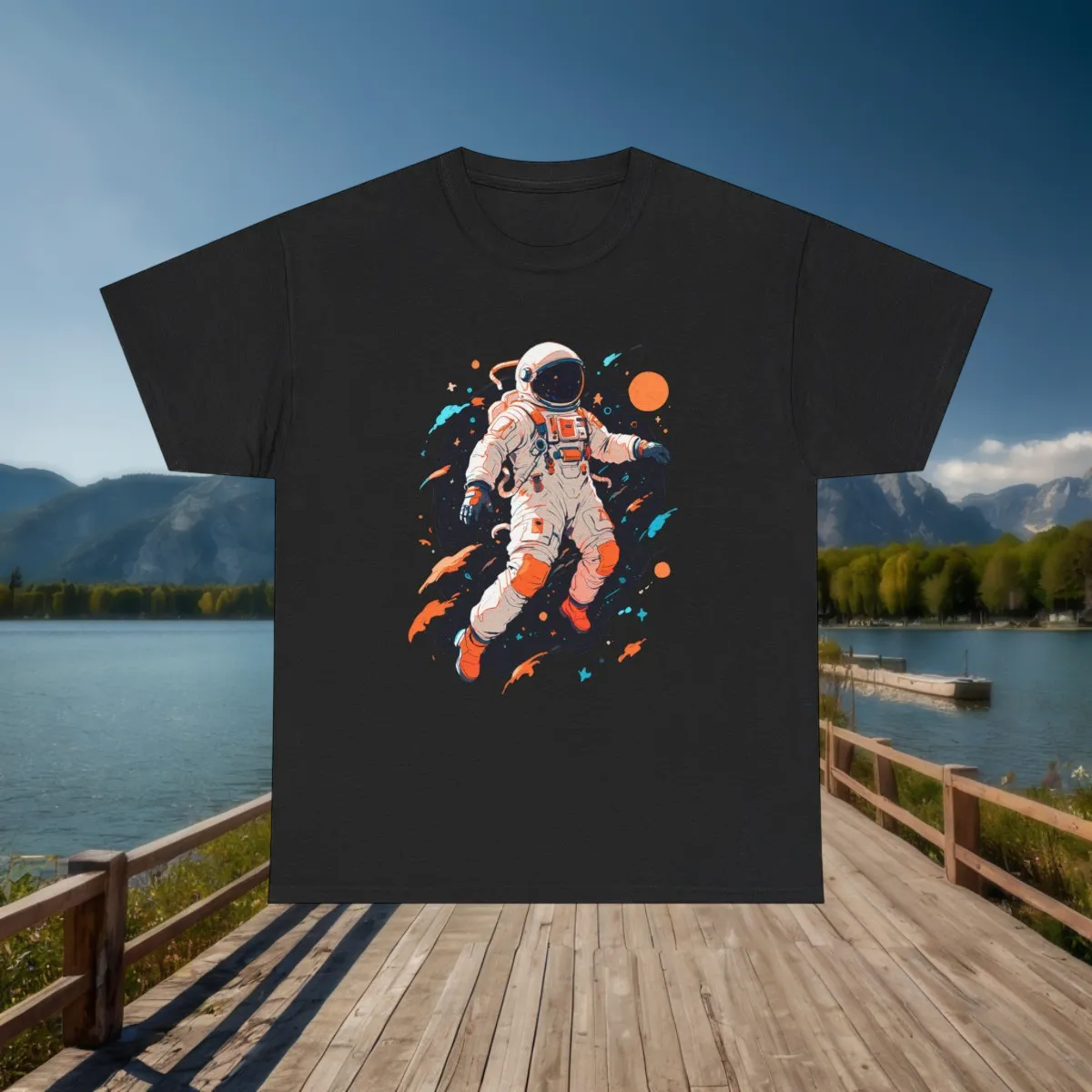 Product View – Astronaut Floating in Space T-Shirt Flat lay black t-shirt with astronaut drifting in colorful space