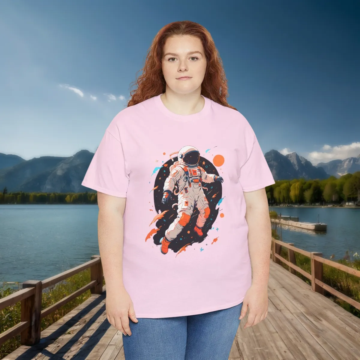 Pink T-Shirt with Astronaut Space Design Woman wearing pink t-shirt with astronaut floating in space illustration