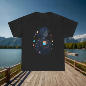 Black t-shirt with illustrated girl and colorful planetary background