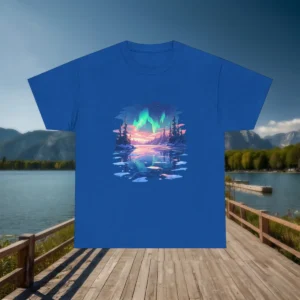 Blue t-shirt with northern lights over lake and forest illustration
