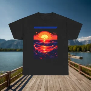 Black t-shirt featuring a colorful ocean sunset illustration, displayed flat on a dock with mountain lake background.