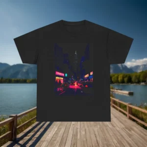 Flat lay of black t-shirt with a vivid neon city nightscape, featuring cars and glowing signs.