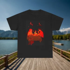 Flat lay of a black t-shirt featuring a candlelit romantic dinner scene with two anime-style characters.