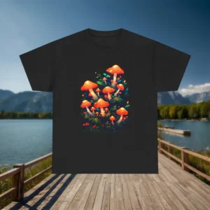 Flatlay of black t-shirt featuring glowing orange mushrooms and blue-green foliage