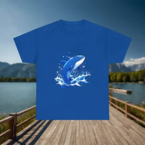 Flat lay of a blue t-shirt with an illustration of a blue whale jumping out of the water, displayed on a wooden dock.